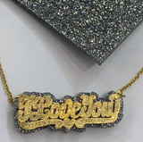 Personalized 14k Gold Overlay Double Any Name Plate Necklace Any Glitter Sparkle Color Onyx Back