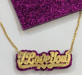 Personalized 14k Gold Overlay Double Any Name Plate Necklace Any Glitter Sparkle Color Onyx Back