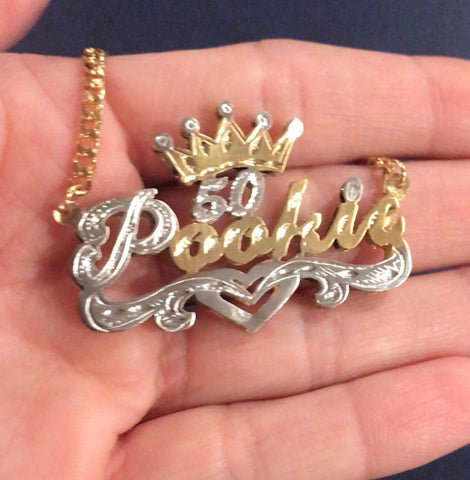 14k Gold Plate Personalized Any Name Double Plate Nameplate Necklace + Crown