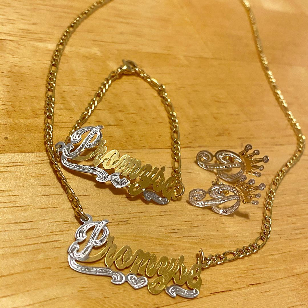 Personalized Baby 14k Gold Plate Single plated Any Name Set Necklace Bracelet & Earrings with crawn
