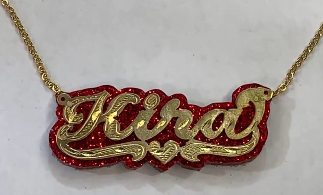 Personalized 14k Gold Overlay Double Any Name Plate Necklace Glitter Sparkle RED Onyx Back