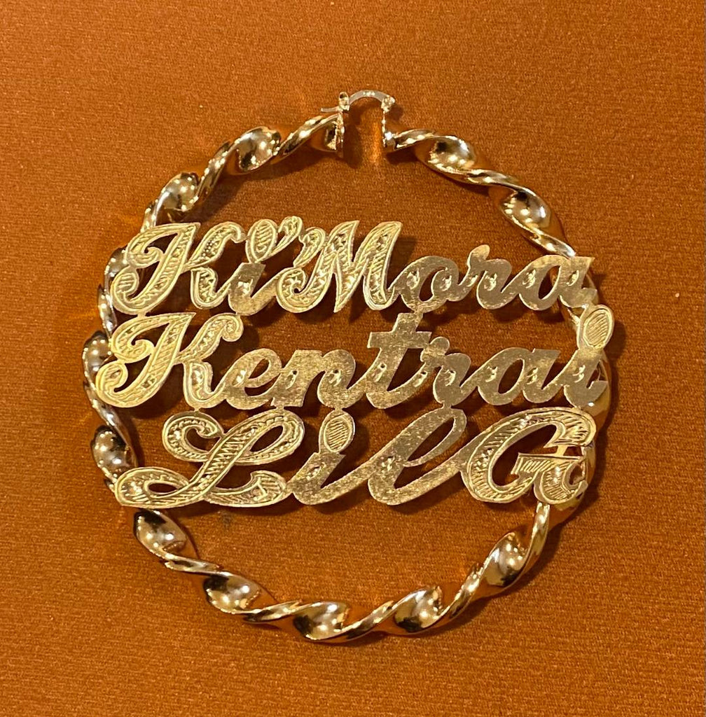 Personalized 14k Gold Overlay Any 2 or 3 Names hoop Earrings Twisty Jumbo Bamboo Earrings 4 inch