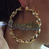 Personalized 14k Gold Overlay Any Name hoop Earrings Twisty Jumbo Bamboo Earrings 2 3/4 inch