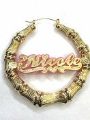 Personalized 14k Gold Overlay GP Any Color Onyx Any Name Hoop  Bamboo Earrings 2 inch