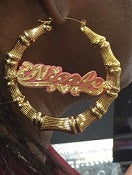 Personalized 14k Gold Overlay GP Any Color Onyx Any Name Hoop Bamboo Earrings 3 inch