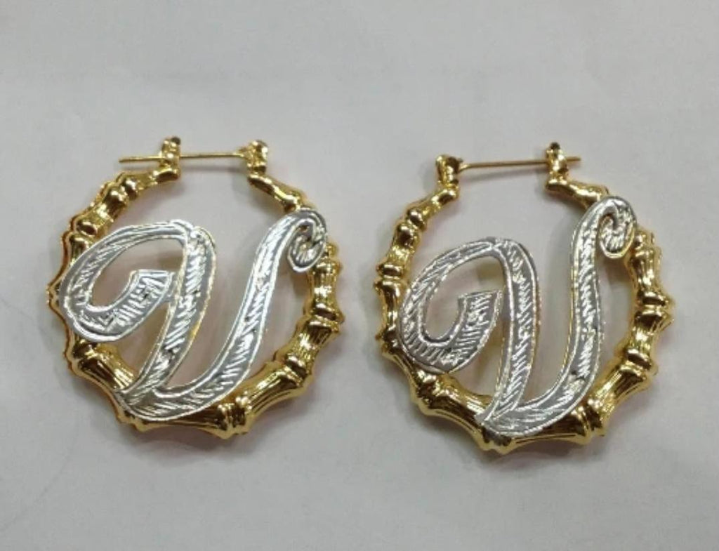 Personalized 14k Gold Overlay Gold Plate Any Initial hoop Bamboo Earrings 3 inch