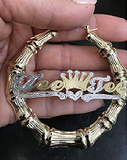 Personalized 14k Gold Overlay GP Any Name Hoop Bamboo Crown & Heart Earrings 3 inch
