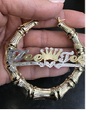Personalized 14k Gold Overlay GP Any Name Hoop Bamboo Crown & Heart Earrings 3 inch