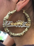 Personalized 14k Gold Overlay GP Any Name Hoop Bamboo Crown & Heart Earrings 3 inch