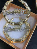 Personalized 14k Gold Overlay GP Any Name Hoop Bamboo Crown & Heart Earrings 3 inch