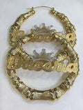 Personalized 14k Gold Overlay GP Any Name Hoop Bamboo Crown Earrings 2 inch