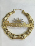 Personalized 14k Gold Overlay GP Any Name Hoop Bamboo Crown Earrings 2 inch