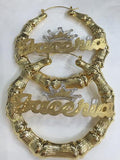 Personalized 14k Gold Overlay GP Any Name Hoop Bamboo Crown Earrings 3 inch