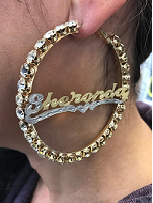 Personalized 14k Gold Overlay GP Any Name Italian CZ Stone Hoop Earrings 3 1/2 inch