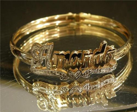 Baby Personalized 14K Gold Plate Any 3D Double Name Bracelet Bangle/Gold Overlay