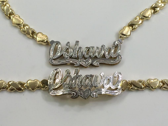 Personalized 14k Gold Plate Double plated Any Name 3D Necklace & matching 3D Bracelet + X & Heart chain/gold Plated dipped in white gold/1