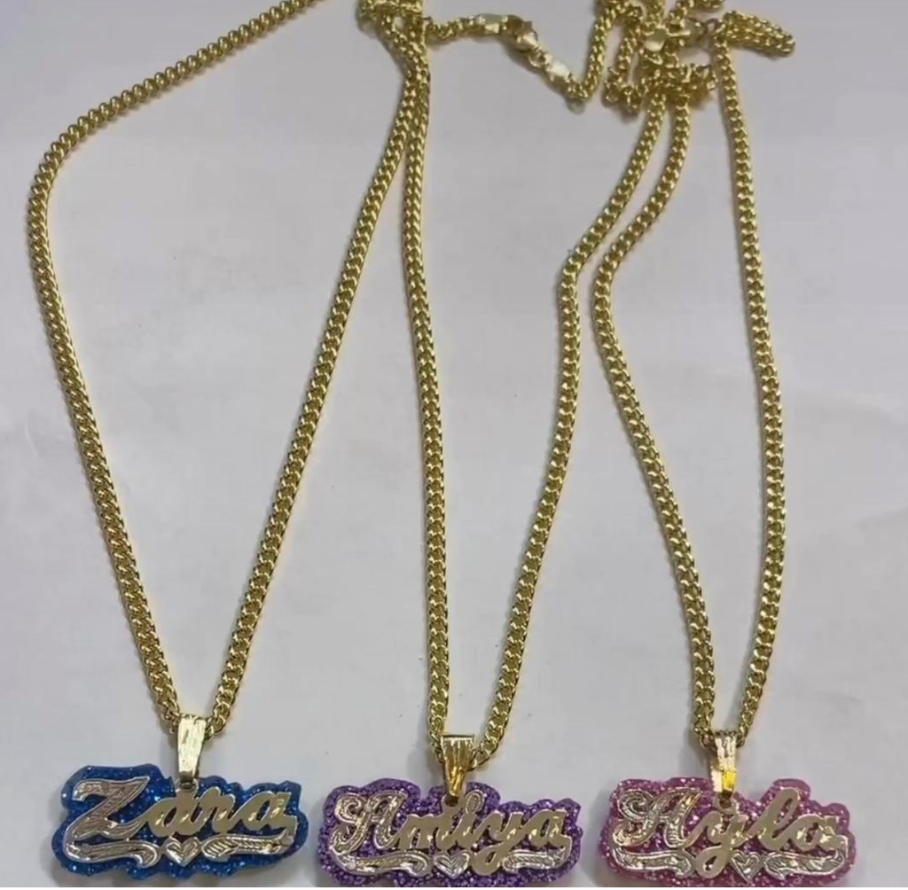 Personalized 14k Gold Overlay Double Plate Any Name Necklace Any Color Onyx Back (FREE thick chain)