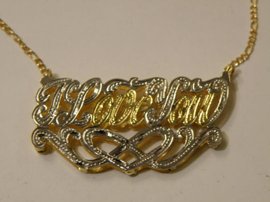 Personalized Gold Overlay "ILoveYou" Double 3d Any Name Plate Necklace Free Chain /a17