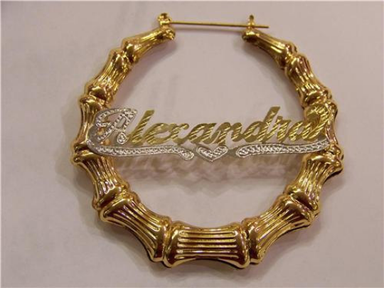 Personalized 14k Gold Overlay GP Any Name Hoop Bamboo Earrings 1 inch