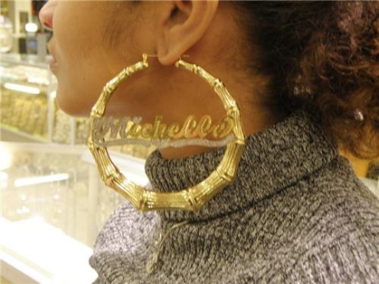 Personalized 14k Gold Overlay GP Any Name Hoop  Bamboo Earrings 4 inch