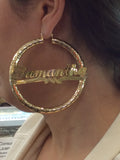 Personalized 14k Gold Overlay Any Name hoop Earrings Round Jumbo Bamboo Earrings 3 inch/