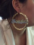 Personalized 14k Gold Overlay Any Name hoop Earrings Jumbo Bamboo Earrings 3 inch/1