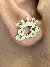 Personalized 14k Gold Plate Any Name or Any Initial Single Plated STUD Earrings + Crown