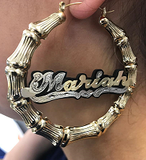 Personalized 14k Gold Overlay GP Any Color Onyx Any Name Hoop Bamboo Earrings 3 inch.