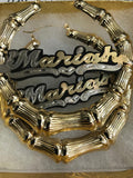Personalized 14k Gold Overlay GP Any Color Onyx Any Name Hoop Bamboo Earrings 3 inch.