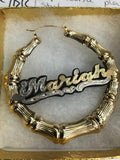 Personalized 14k Gold Overlay GP Any Color Onyx Any Name Hoop Bamboo Earrings 4 inch.