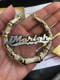 Personalized 14k Gold Overlay GP Any Color Onyx Any Name Hoop Bamboo Earrings 4 inch.