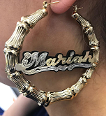 Personalized 14k Gold Overlay GP Any Color Onyx Any Name Hoop Bamboo Earrings 4 inch.