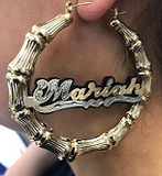 Personalized 14k Gold Overlay GP Any Color Onyx Any Name Hoop Bamboo Earrings 4 inch.