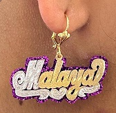 Personalized 14k Gold Overly Any Name Glitter Sparkle Purple Onyx Background Dangle Earrings /Gold Plated