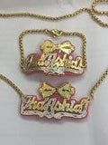 Personalized 14k Gold Plate Any 3D Name Any Color Onyx Necklace & matching Bracelet ( Bow Tie)