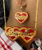 Personalized 14k Gold Overly 2 Heart Necklace & Dangle Heart Earrings Any Name any Color Onyx Background