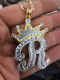 Personalized Oversize 14k Gold Overlay Any Initial Double Plate Nameplate Necklace with crown