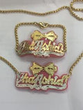 Personalized 14k Gold Plate Any 3D Name Any Color Onyx Necklace & matching Bracelet ( Bow Tie)