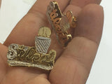 Personalized 14K Gold Overlay Any Name Double Plate Stud (Basketball)