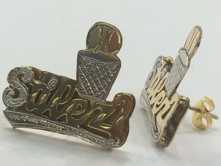 Personalized 14K Gold Overlay Any Name Double Plate Stud (Basketball)