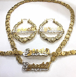Personalized 14k Gold Plate Double plated Any Name 3D XOXO Necklace , matching Bracelet & 3" Hoop Earrings