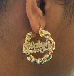 Personalized 14k Gold Overlay Any Name hoop Twisty Bamboo Earrings 1 1/2 inch
