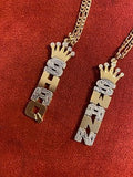 Personalized 14k Gold Overlay Double 3d Any Name Plate Vertical Necklace With Crawn (Free Chain)