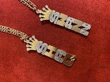 Personalized 14k Gold Overlay Double 3d Any Name Plate Vertical Necklace With Crawn (Free Chain)
