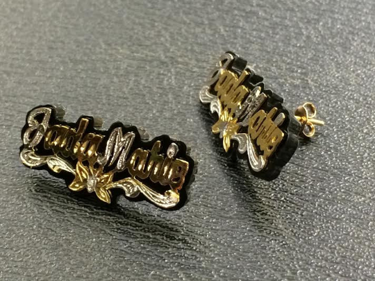 Personalized 14K Gold Overlay Any 2 Names Earrings/any color onyx background/ Gold Plated/single plated