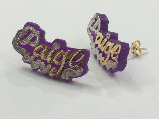 Personalized 14K Gold Overlay Any Name Earrings/any color onyx background/ Gold Plated/single plated/b