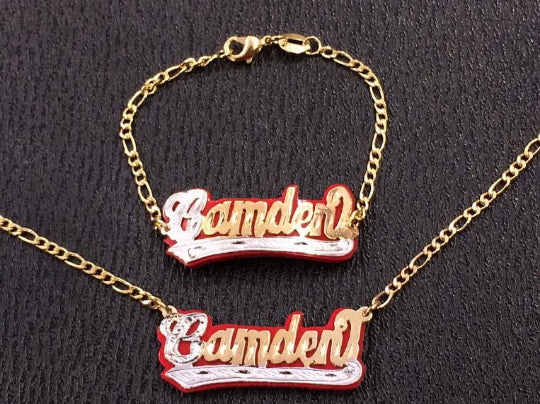 Baby Personalized 14k Gold Plate Any 3D Name Any Color Onyx Necklace & matching 3D Onyx Bracelet/gold Plated