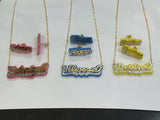 Personalized 14k Gold Plate Any 3D Name Any Color Onyx Necklace & matching 3D Onyx Stud Earrings/gold Plated