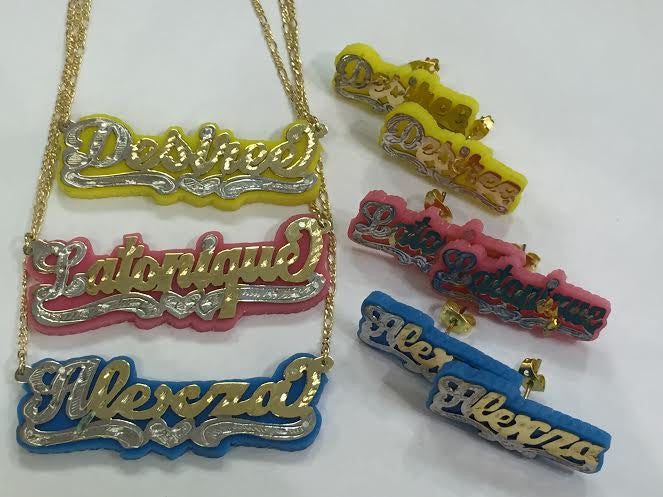 Personalized 14k Gold Plate Any 3D Name Any Color Onyx Necklace & matching 3D Onyx Stud Earrings/gold Plated
