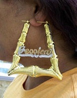 Personalized 14k Gold Overlay GP Any Name Hoop Bamboo Door Knocker Earrings 3" ( top to bottom)